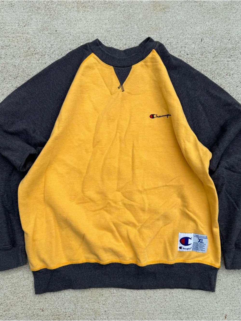 Champion Vintage Yellow Gray Pullover Sweatshirt Crew Neck Logo Embroidered XL